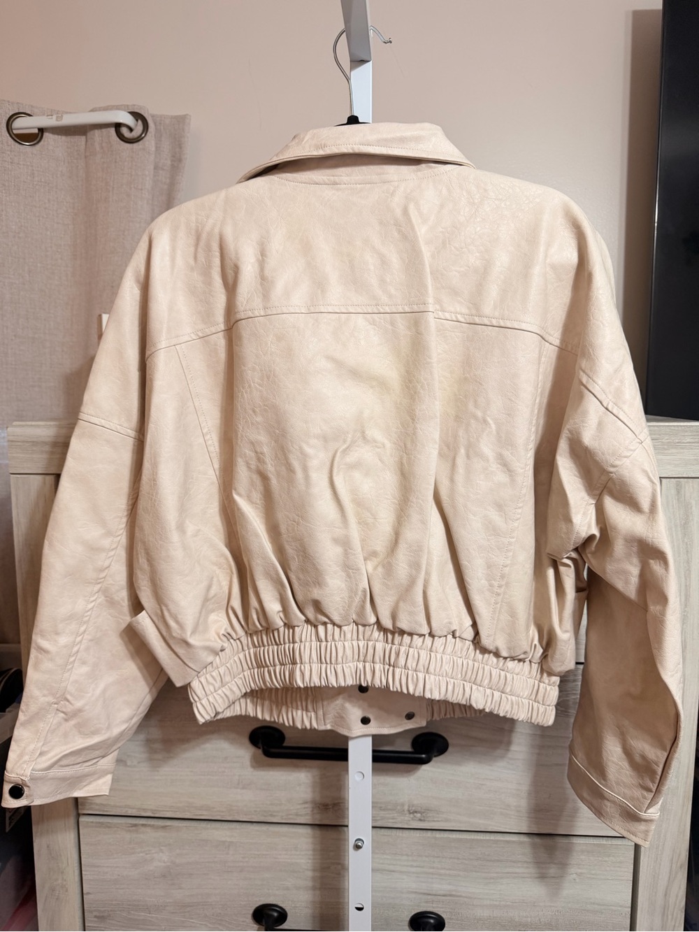 HEYSON Women's Light Cream Mineral Wash Vegan Leather Bomber Jacket - Picture 3 of 3